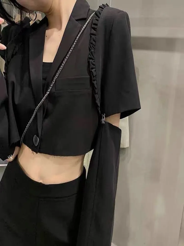 

2021 spring and autumn new style short women's suit detachable sleeves high waist frayed jacket
