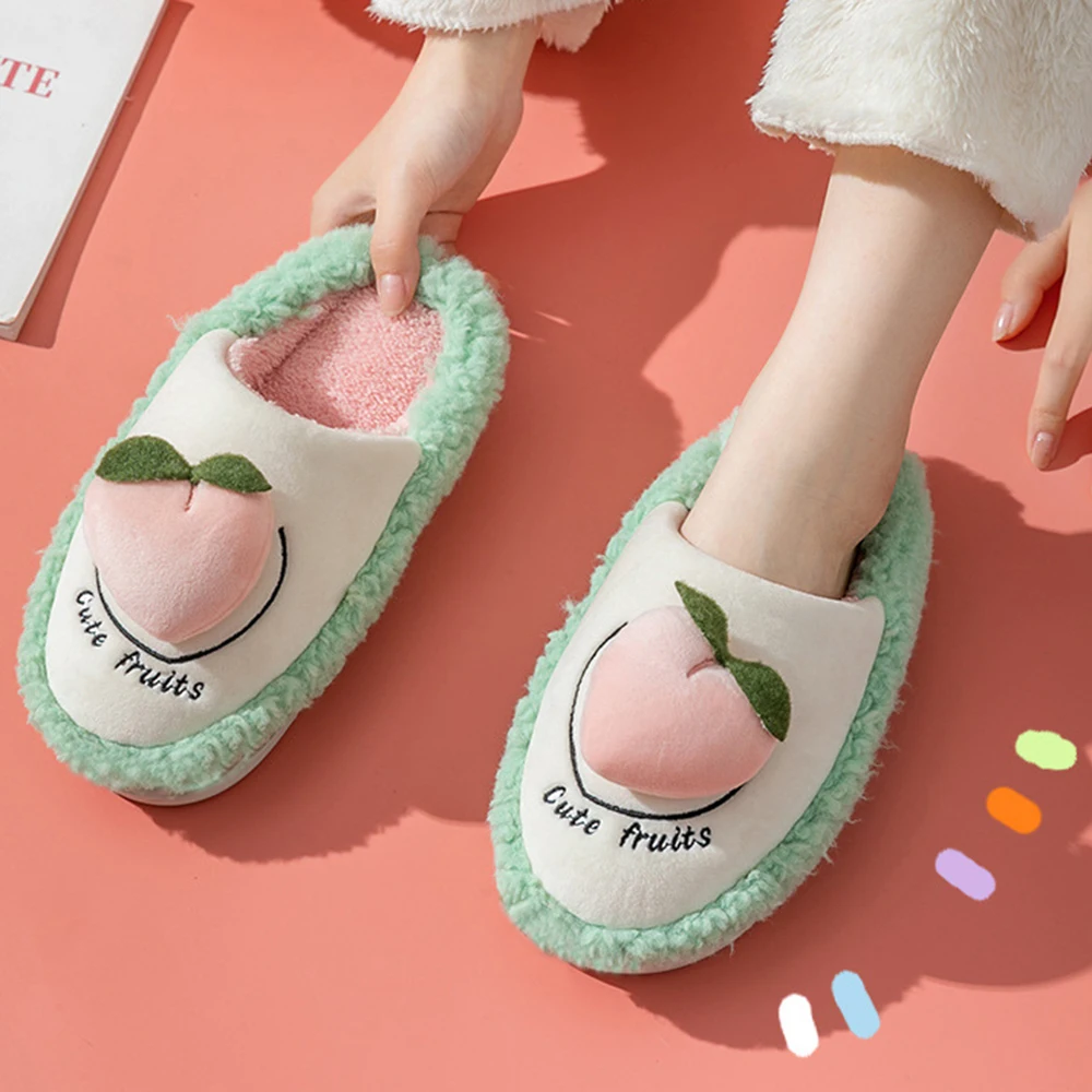 2022 New Women Winter Warm Slippers Cute Fruits Avocado Furry Thick Soled Cotton Shoes Home Indoor Couple Non-slip Fur Slide