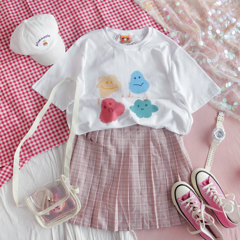 

2020 New Women Cute Cartoon Print T-shirt Young Girl Short sleeve Summer Loose ins Student Harajuku Wild White Soft sister Tops