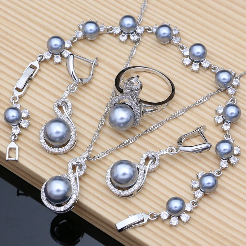

Silver 925 Jewelry Set Gray Pearl CZ Bracelet Earring Ring Necklace Set for Women Birthday/Anniversary Mother’s Day Jewelry Gift
