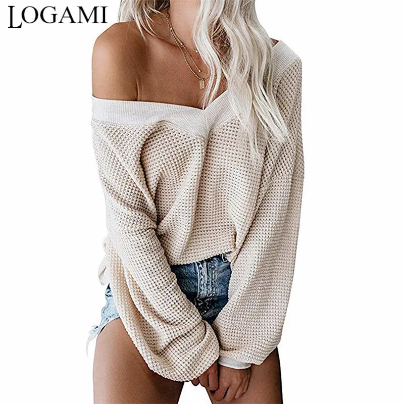 Фото Женский свитер с длинным рукавом LOGAMI осенне-зимний вязаный пуловер v-образным