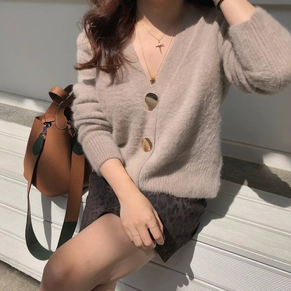 2021 Autumn Winter Fashion Women Mink Cashmere Cardigan Sweater Female V-neck Knitted Long haired mink cashmere sweater |