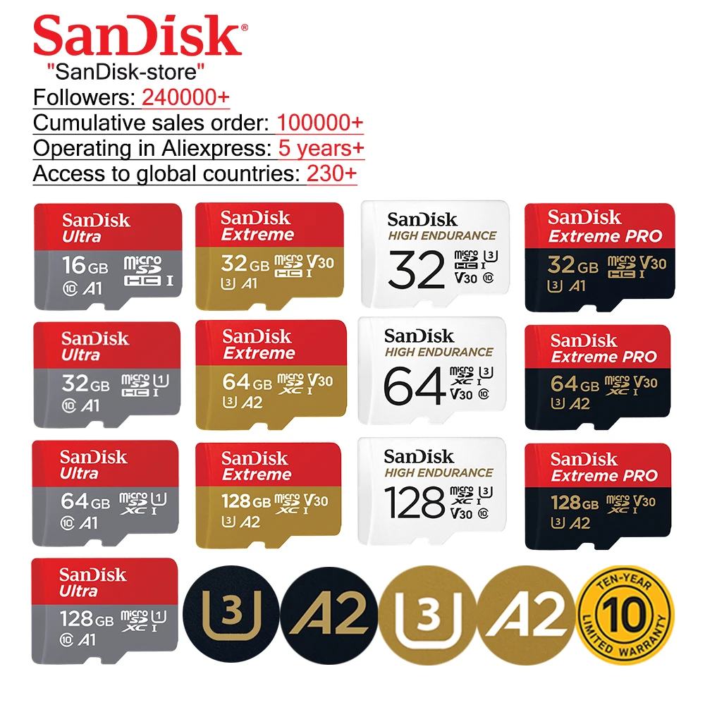 SanDisk карта памяти micro sd класс 10 100% ГБ 64 32 16 128|Карты памяти| |