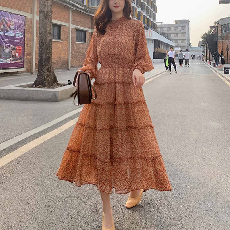 Женское шифоновое платье YAMDI krean ТРАПЕЦИЕВИДНОЕ ПЛАТЬЕ МИДИ в горошек с длинным