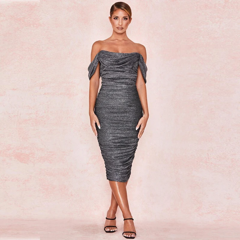 Высокое качество 2019 элегантное серое новейшее летнее платье с открытыми плечами