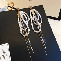 korean fashion crystal pearl tassel earrings geometric exaggerated temperament long chain pendant earrings ladies party jewelry