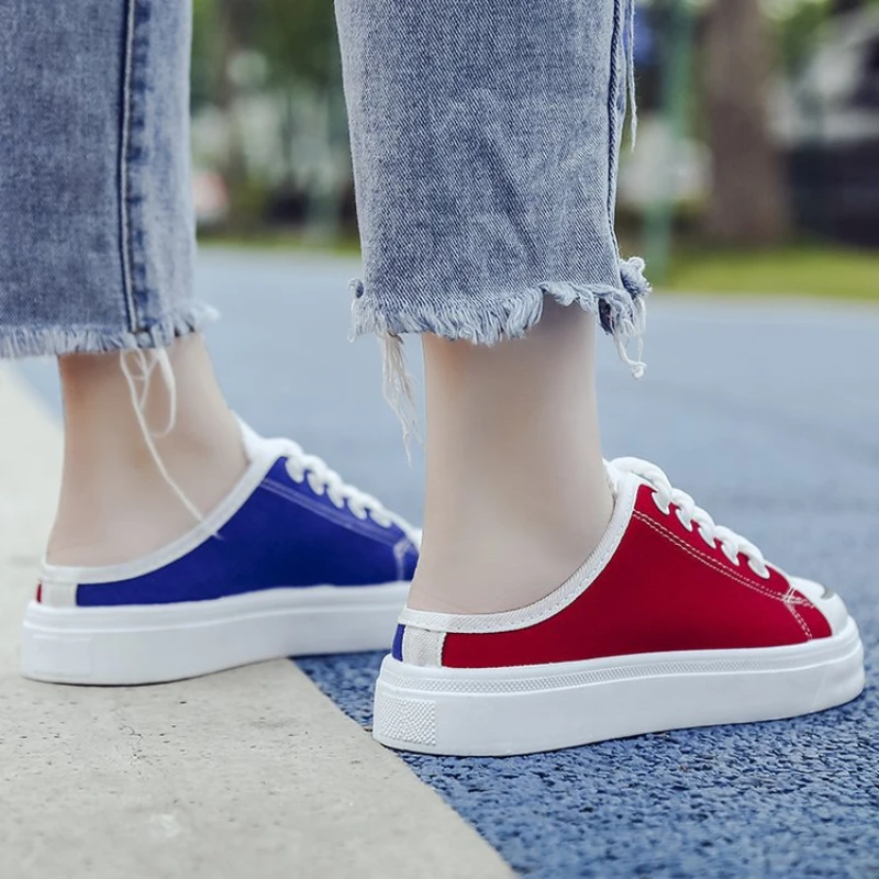

Lace-up Flat Canvas Half Slippers 2021 Summer Hot New Style Ladies Casual Shoes Comfortable Fashion Female Baotou Slippers