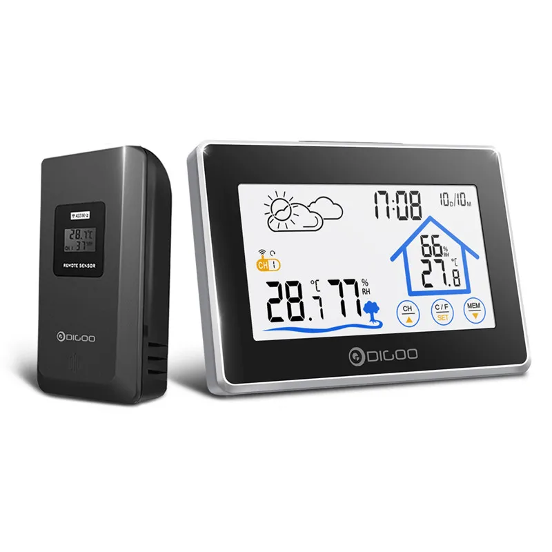Digoo DG-TH8380, беспроводной термометр с сенсорным экраном, гигрометр, для помещений, метеостанция, для улицы, датчик погоды, часы, счетчик, календарь - Цвет: Черный