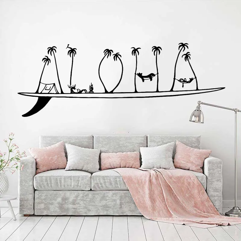 

Large Ocean Surfing Wave Palm Tree Wall Sticker Summer Aloha Wave Slip Surfboard Beach Wall Decal Kids Room Bedroom Vinyl