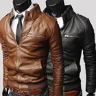 Куртка мужская однотонная на молнии, Ветровка из искусственной кожи, воротник-стойка, боковые карманы, мотоциклетная одежда
