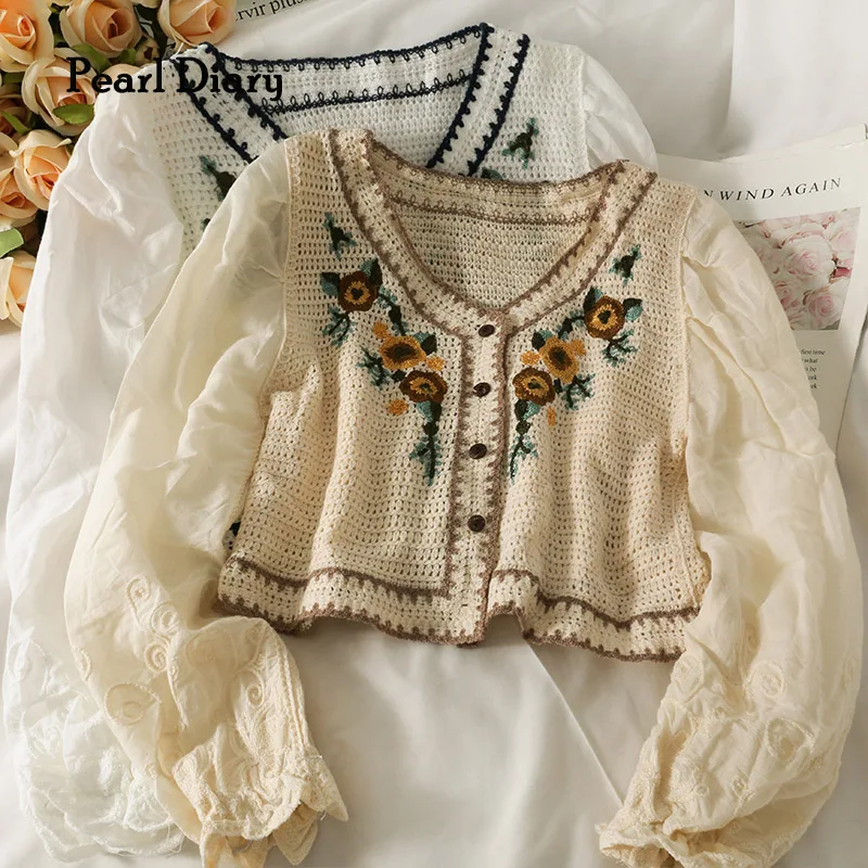 Купи Pearl Diary Women Floral Embroidery Crochet Cardigans V Neck Buttons Front Bohemian Boho Cotton Blouse Retro Sweet Beach Tops за 848 рублей в магазине AliExpress