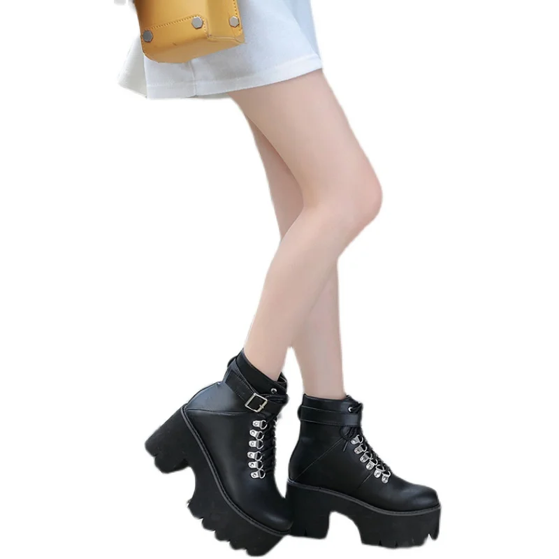

Winter Women Boots Fashion Punk Style Thick Bottom 8cm Wedges Heel Lace Up Round Head Women Boots