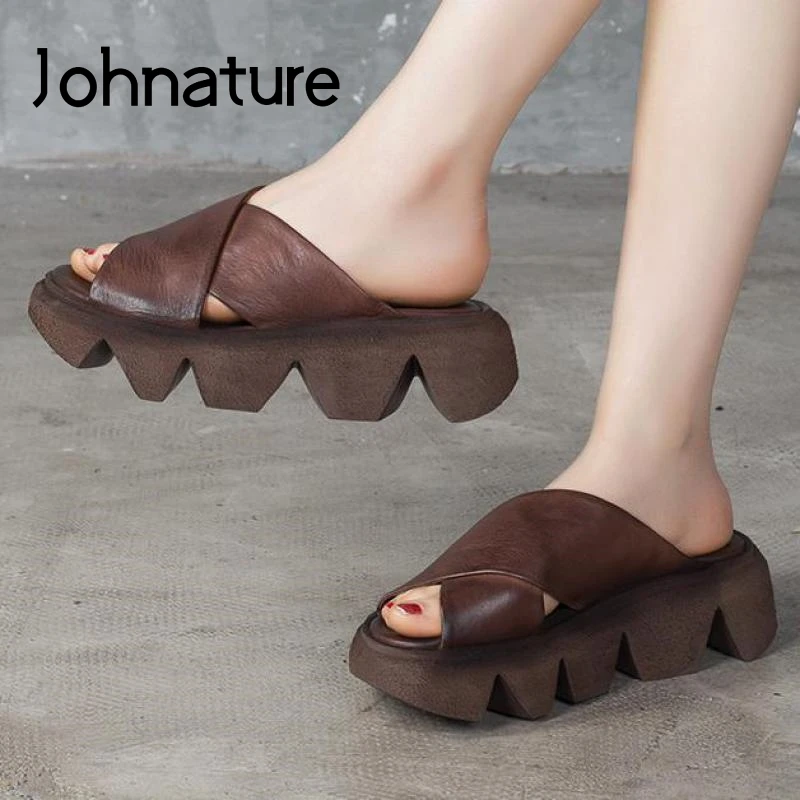 

Женские шлепанцы на платформе Johnature, сланцы ручной работы из натуральной кожи, Уличная обувь, Тапочки, для лета, 2022