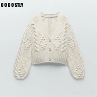 za women cardigan fashion pompom appliques cropped knitted cardigan sweater vintage long sleeve female outerwear chic tops