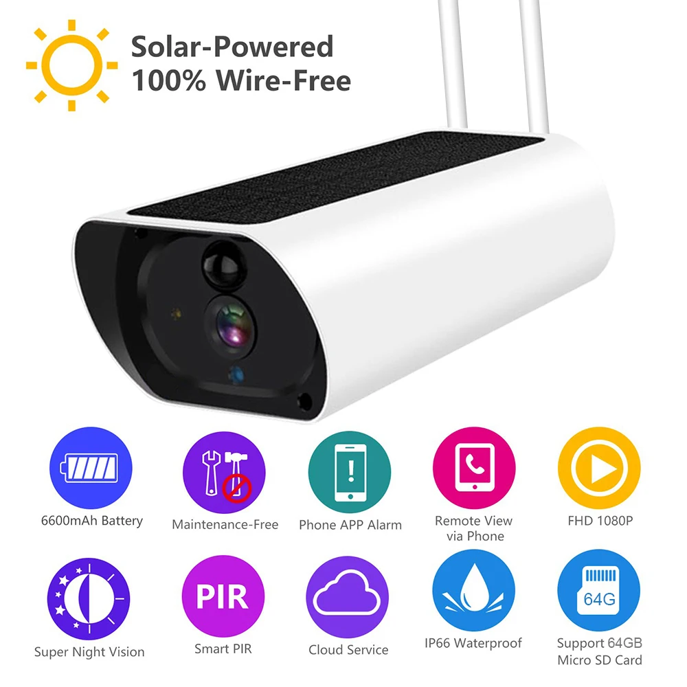 1080P Беспроводная Солнечная камера видеонаблюдения Водонепроницаемая ИК ночного