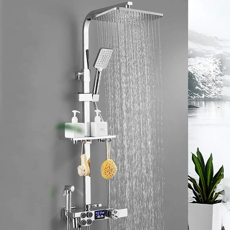 【Ships From：Ru】 bathroom full copper black shower set double row button thermostatic digital display 4-speed handheld |