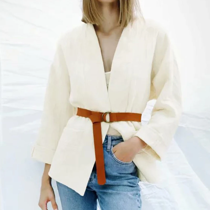 

WXWT Za модная женская однотонная Свободная куртка пальто с поясом 2021 Женские Элегантные Осенние Топы CD8245