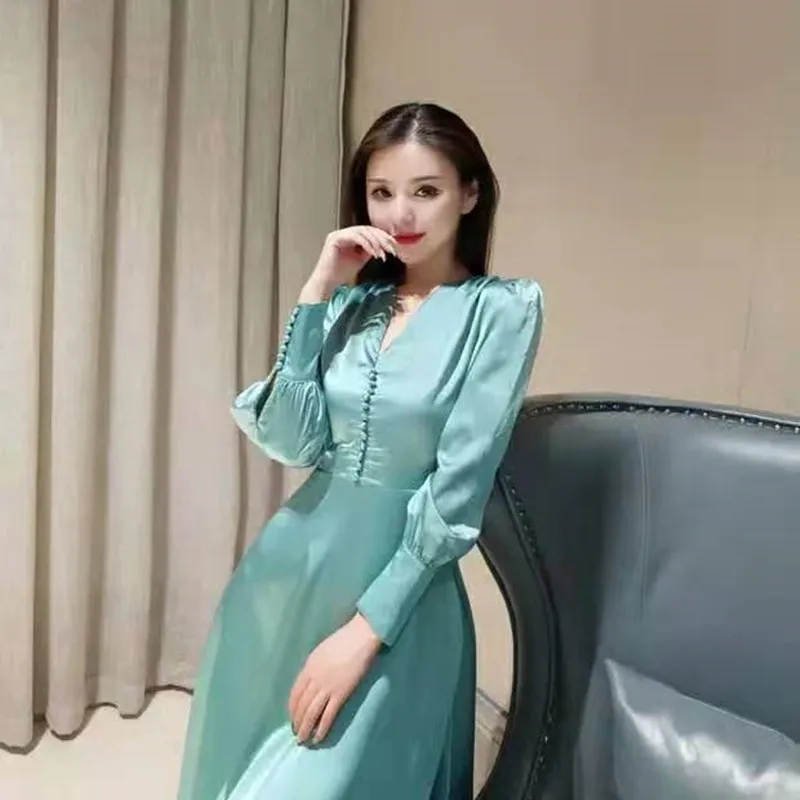 2020 new dress Elegant Lady Deep V-neck Silk Satin Slim Long-sleeved Party Dress Green Long Dresses Sexy Clubwear | Женская одежда