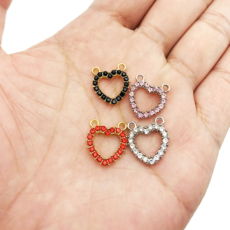 

5Pcs Hollow Heart Shape Two Holes Connectors Rhinestone Charms Gold Silver Alloy Hearts Charm For Jewelry Making Necklace Crafts
