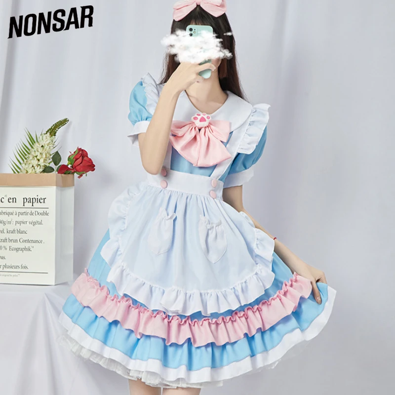 

NONSAR Cosplay Lolita Dress Women's Maid Service Blue Pink And White Ribbon INS Hot Sale New Japanese Cute Sweet Sexy Dress