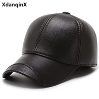 xdanqinx winter new mens pu leather baseball cap warm hat fashion casual sports caps thick earmuffs hats middle aged dads hat