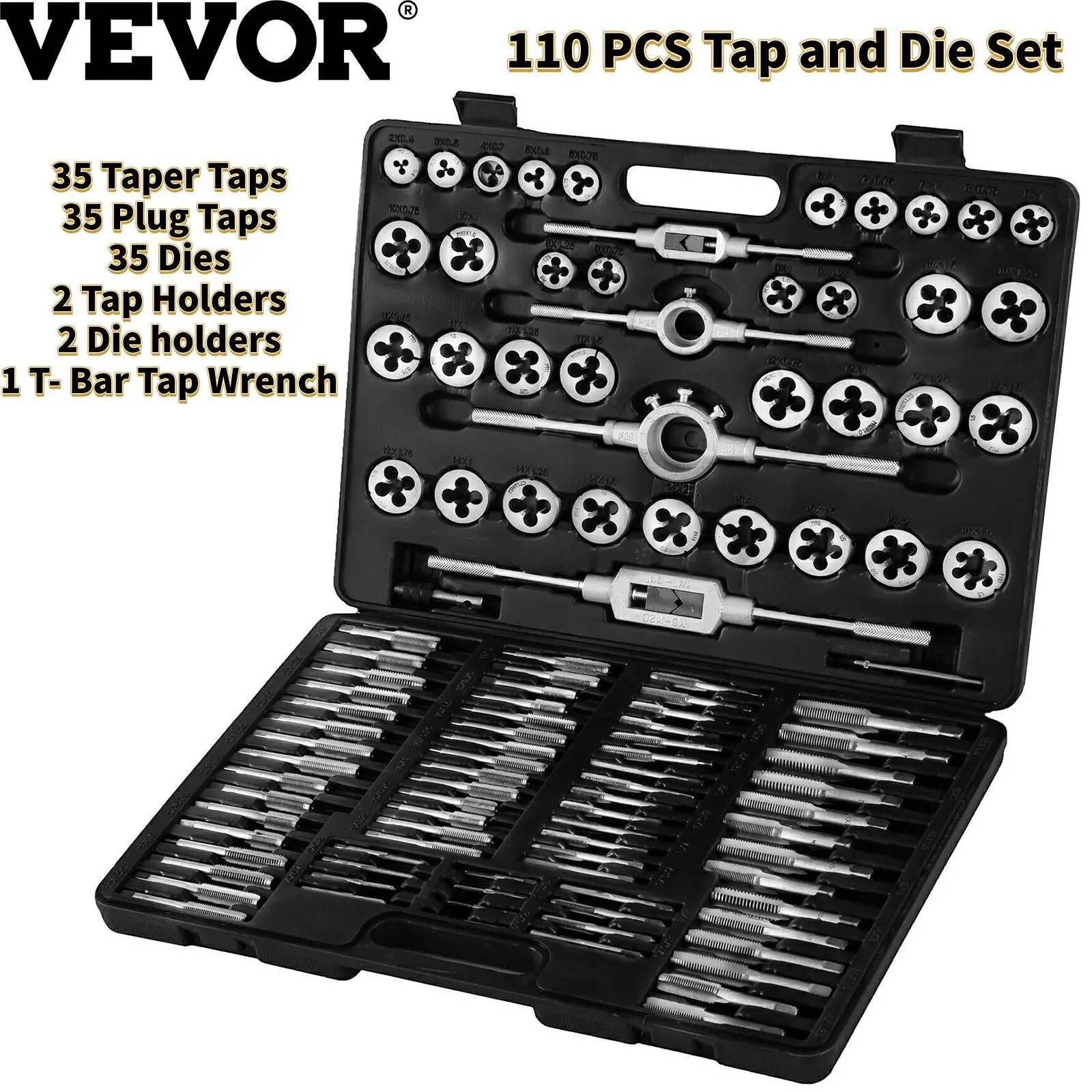 

VEVOR 110 PCS Tap and Die Set M2-M18 Drill Tap Set Metric Hand Threading Wrench Tools Tungsten Steel Adjustable W/ Storage Case