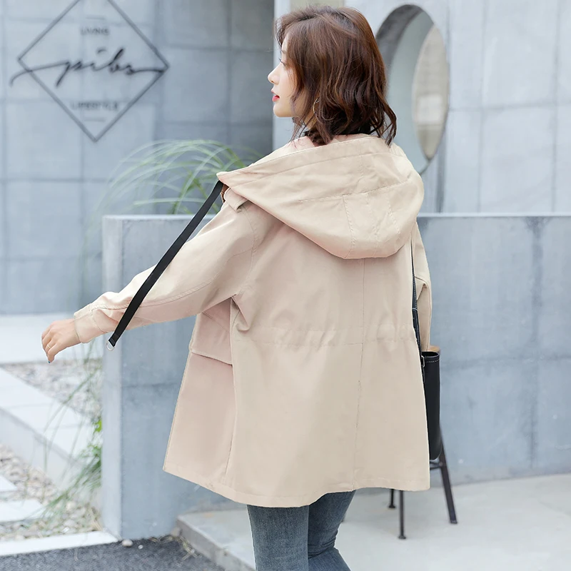 

Ly Varey Lin Autumn Women Trench Coat Medium Long Casual Loose Hooded Windbreaker Single Breasted Lace-up Army Green Outwear