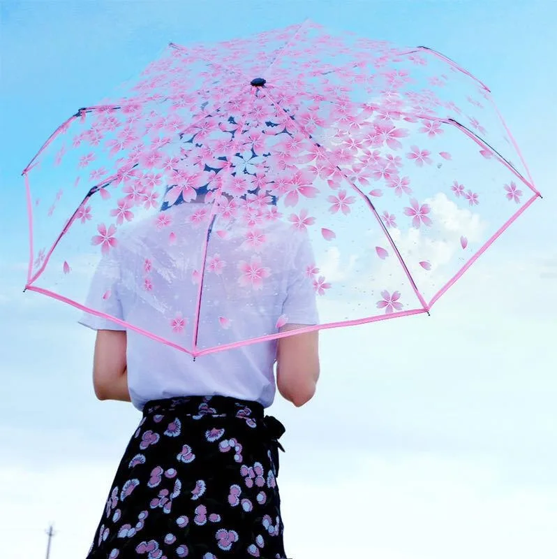 

Automatic Transparent Folding Umbrella Girls Gift Flower Paraguas Kids Umbrellas Windproof Three Fold Clear Women Rain Umbrella