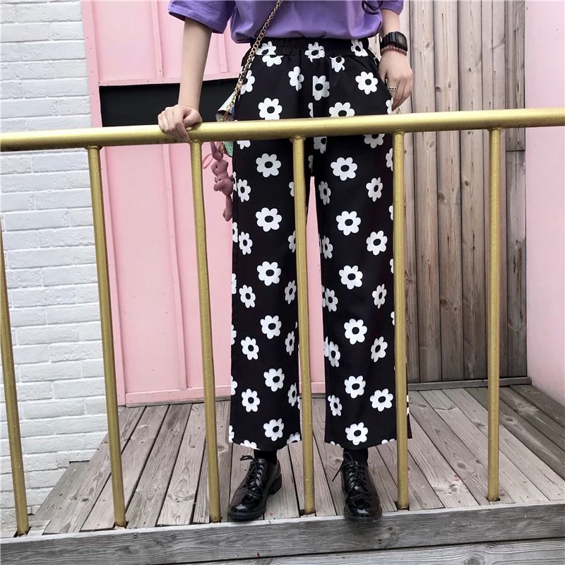 Корейские женские прямые брюки с завышенной талией и цветочным принтом ромашки В