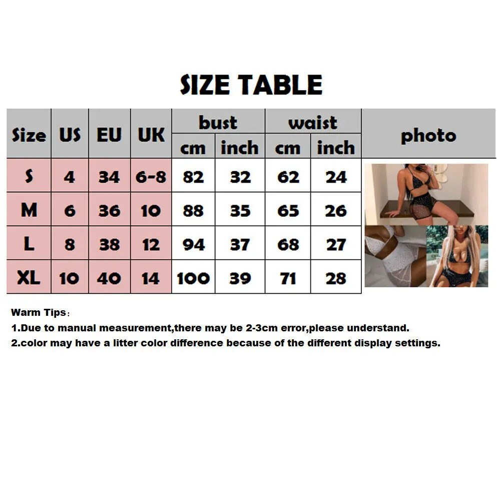 

Sexy Women Fishnet Bra Mesh Sheer 2pcs Bikini Set Swimwear Swimsuit Rhinestone Halter Bra Fishnet High Waist Shorts Bathing