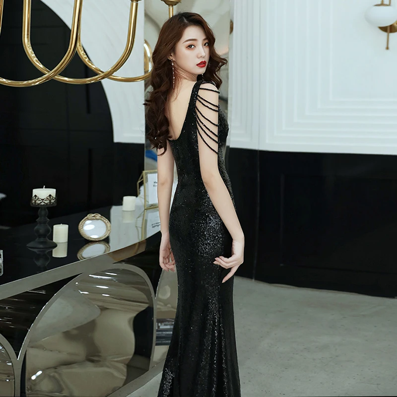 

Evening Dresses Deep V-Neck Sexy Sequins Beading Sleeveless Mermaid Floor-length Plus size Customized Woman Formal Dress C048