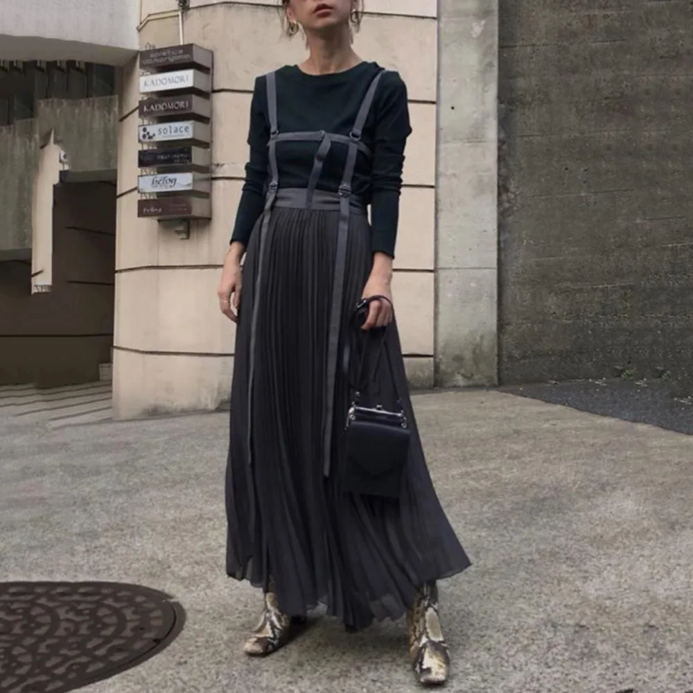 

Suspender Pleated Dress Women Korean Simple Stylish Female Strap Long Dresses Elegant Casual Vintage Lady Vestidos Robe Brown