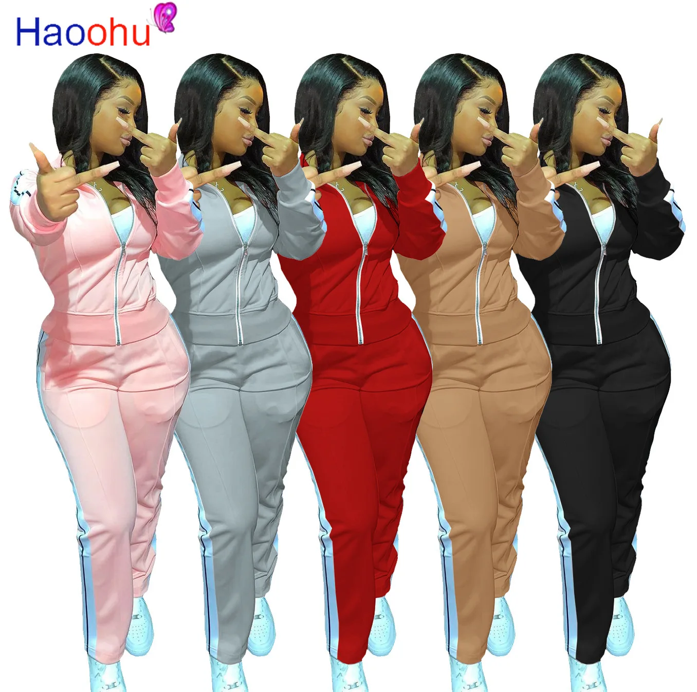 

HAOOHU Side Striped Splicing Two Piece Set Women Turtleneck Full Sleeve Zipper Jackets and Jogger Sweatpant Matching Outfit
