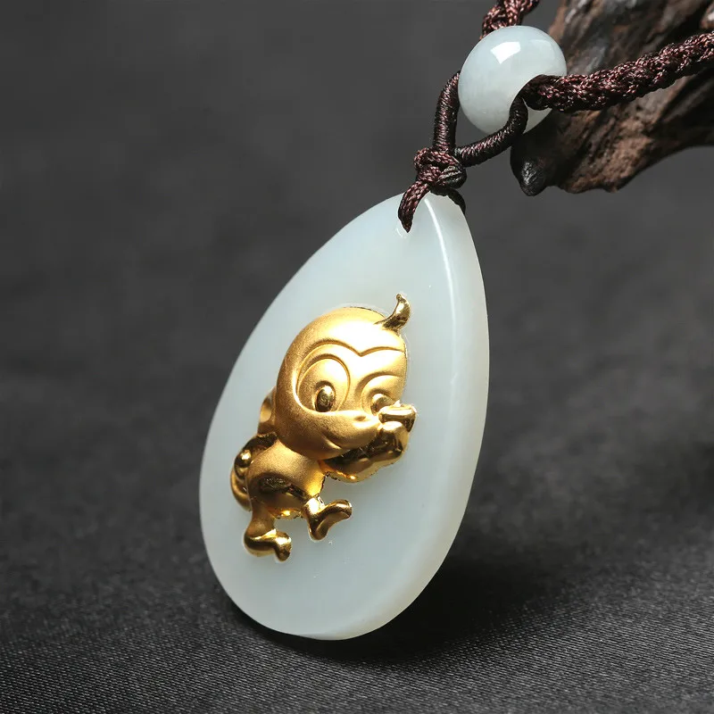 Натуральный китайский белый нефрит кулон Зодиак обезьяна Мозаика золото