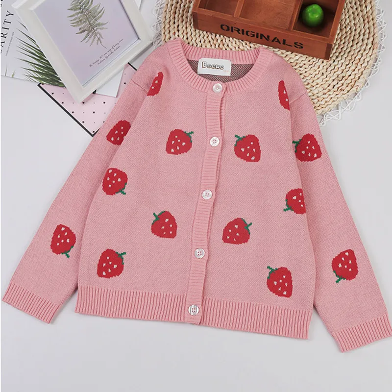 

2020 Spring Toddler Girls Single-breasted Knitted Cardigan High Quality Long Sleeve Strawberry Sweater Coat 2-7Yrs Girls Clothes