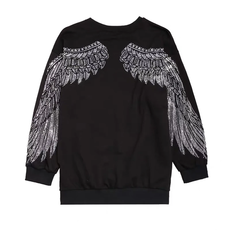 

Black heavy industry hot drilling wings sweatershirts mid-length loose Korean version 2021 new autumn and winter