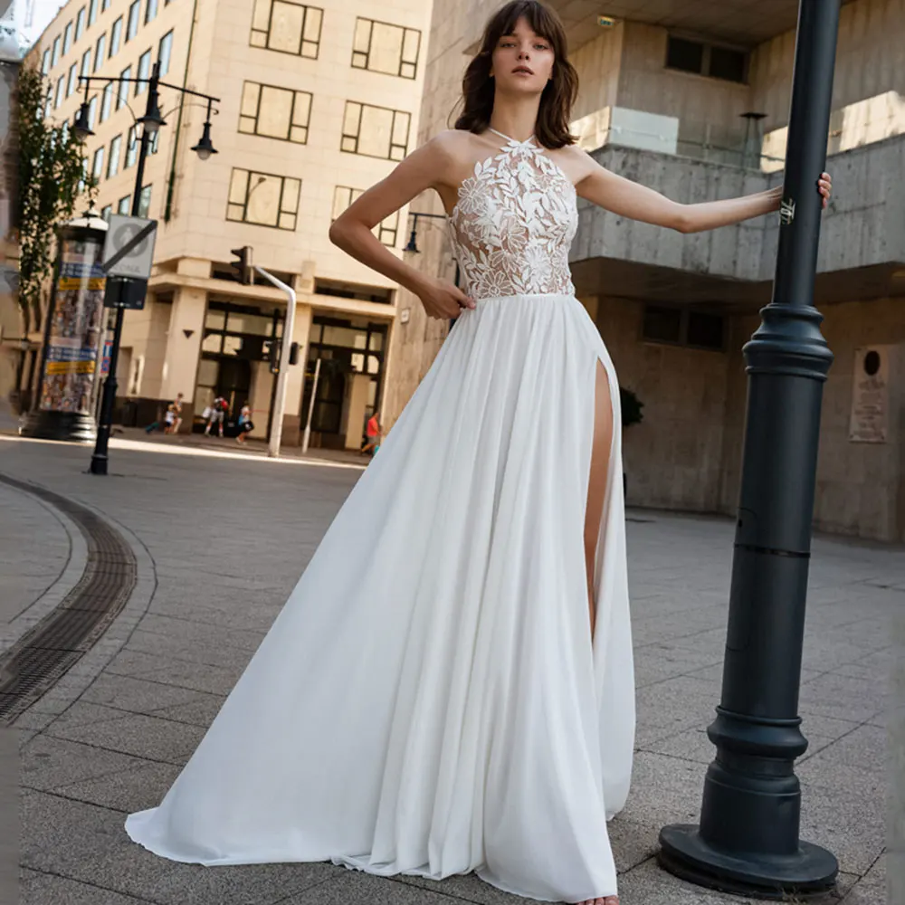 

Винтажное шифоновое пляжное свадебное платье, сексуальное свадебное платье без рукавов 2021, женское ТРАПЕЦИЕВИДНОЕ ПЛАТЬЕ С Высоким Разрез...