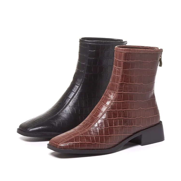 

MLJUESE 2021 women Ankle boots Cow leather Winter short plush Square Toe Zipper Med heels female Riding boots size 39