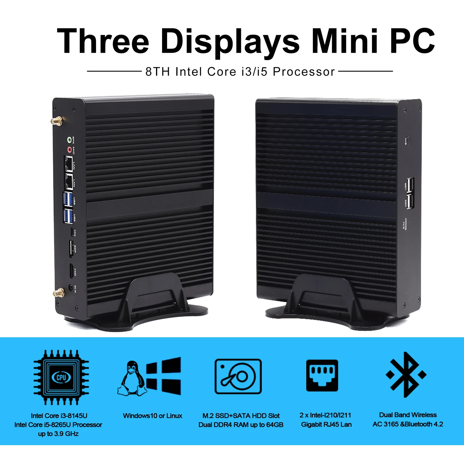 Безвентиляторный ПК промышленный HD + EDP Type C несколько дисплеев 2 ядра LAN i3-8145U i5-8265U