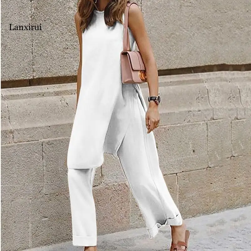 

Office Ladies Solid Two Piece Sets Women Elegant O Neck Blouse Top And Loose Long Pants Suit 2021 Summer Casual Sleeveless Sets