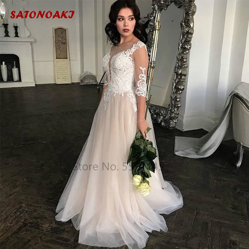 

2020 Vintage A Line Wedding Dress Three Quarter Sleeves Appliques Bridal Gown Floor Length Princesa Vestido De Novia Online Shop