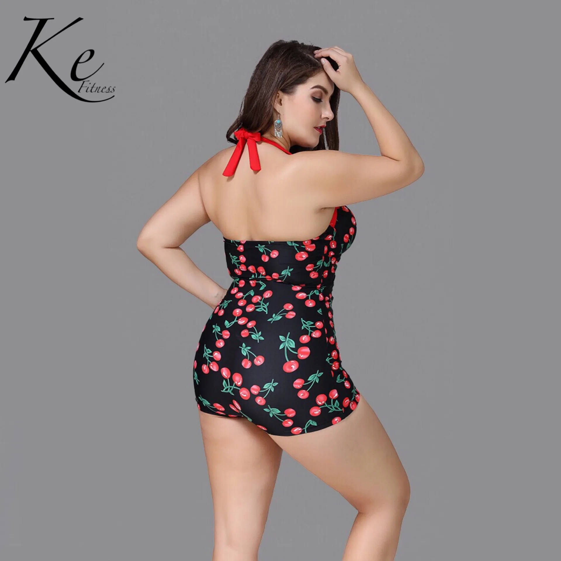 Слитный купальник KE для сиамской женщины вишни до 5XL большой размер плюс