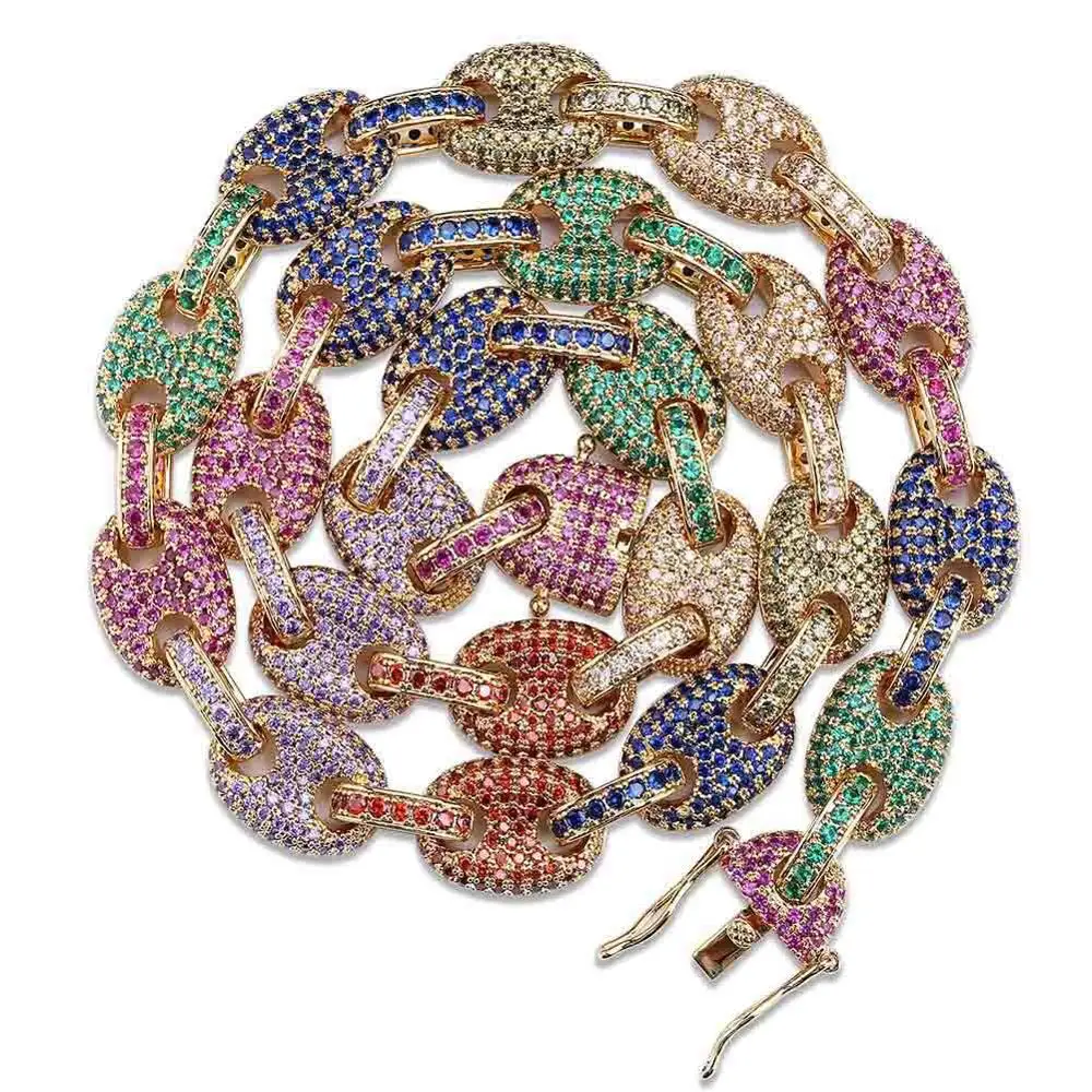 

12MM Rainbow Cuban Link Bracelet Iced Out Men's Hip hop Copper Gold plating Chain Bracelet