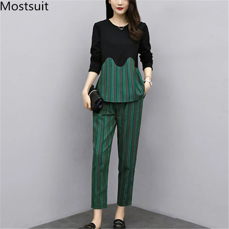 

L-5xl 2019 Autumn Striped Two Piece Sets Outfits Women Long Sleeve Tops And Pants Suits Office Elegant Korean Sets