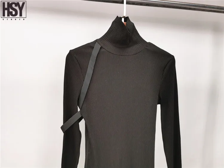 【HSY】2019 Осень Зима Новый женский эластичный дизайн с длинным рукавом высоким