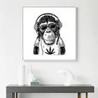 Декоративная картина с мультяшными животными, забавная обезьяна с наушниками, Картина на холсте, черная белая Настенная картина, плакат, скандинавский Декор для дома