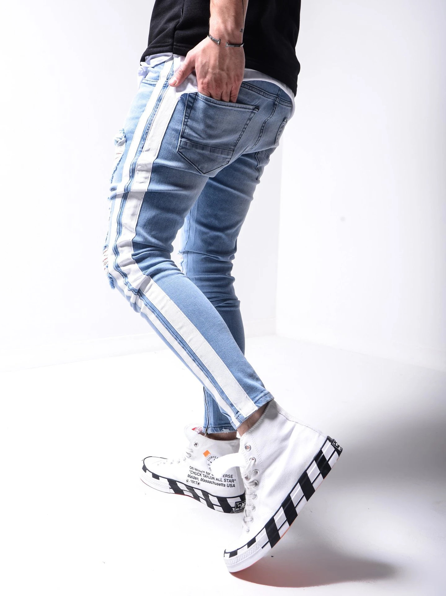 

Men's Hip-hop Tight Slim Hole Slim Jeans Male Slim Fit Zipper Classic Denim Pants Straight Elasticity Pants