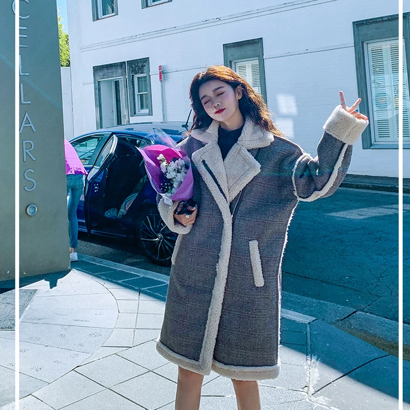 New Thick Plaid Women Jacket Winter Mid-Length Zipper Suit Collar Spiced Fur Collar Cuff Fashion Faux Woolen Jacket Women 2020