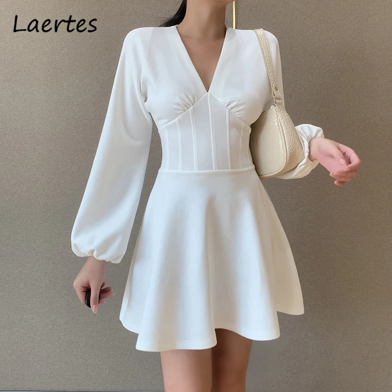 

Laertes Solid Summer Midi Sexy Dress Fashioh Deep V Neck Long Sleeve One Piece Set Vintage Evening Party Korean Beach Sundress