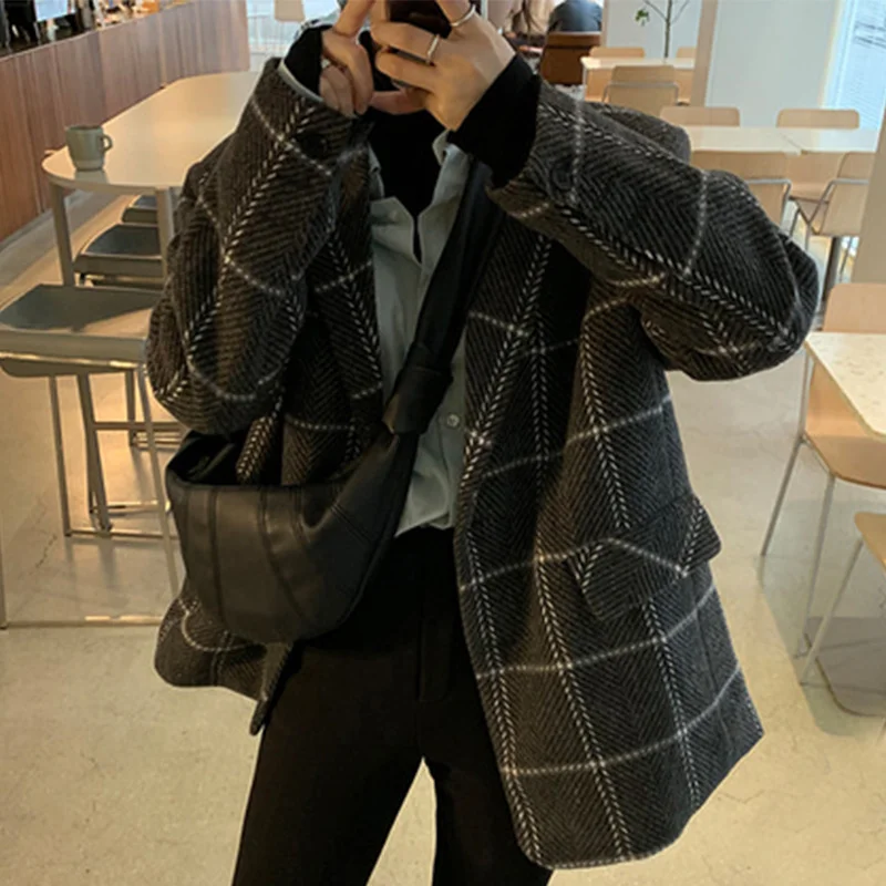 

Plaid Tailored Coat Women Korean Chic Retro Turn-down Collar Loose Jacket Autumn Winter New Long Sleeve Woolen Coats U912